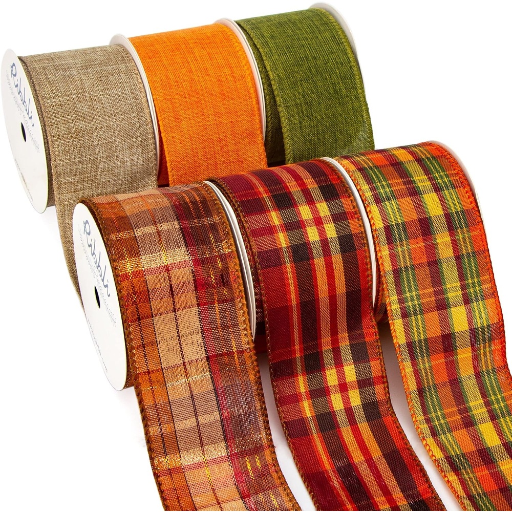 Ribbli Fall Burlap Ribbon,Natural/Orange/Sage Green/Fall Color Plaid Wired Ribbon, 2 Inch x 6 Rolls Total 30 Yard, for Big Bow,Wreath,Outdoor Decoration