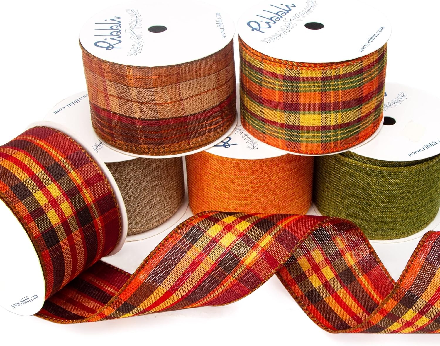 Ribbli Fall Burlap Ribbon,Natural/Orange/Sage Green/Fall Color Plaid Wired Ribbon, 2 Inch x 6 Rolls Total 30 Yard, for Big Bow,Wreath,Outdoor Decoration