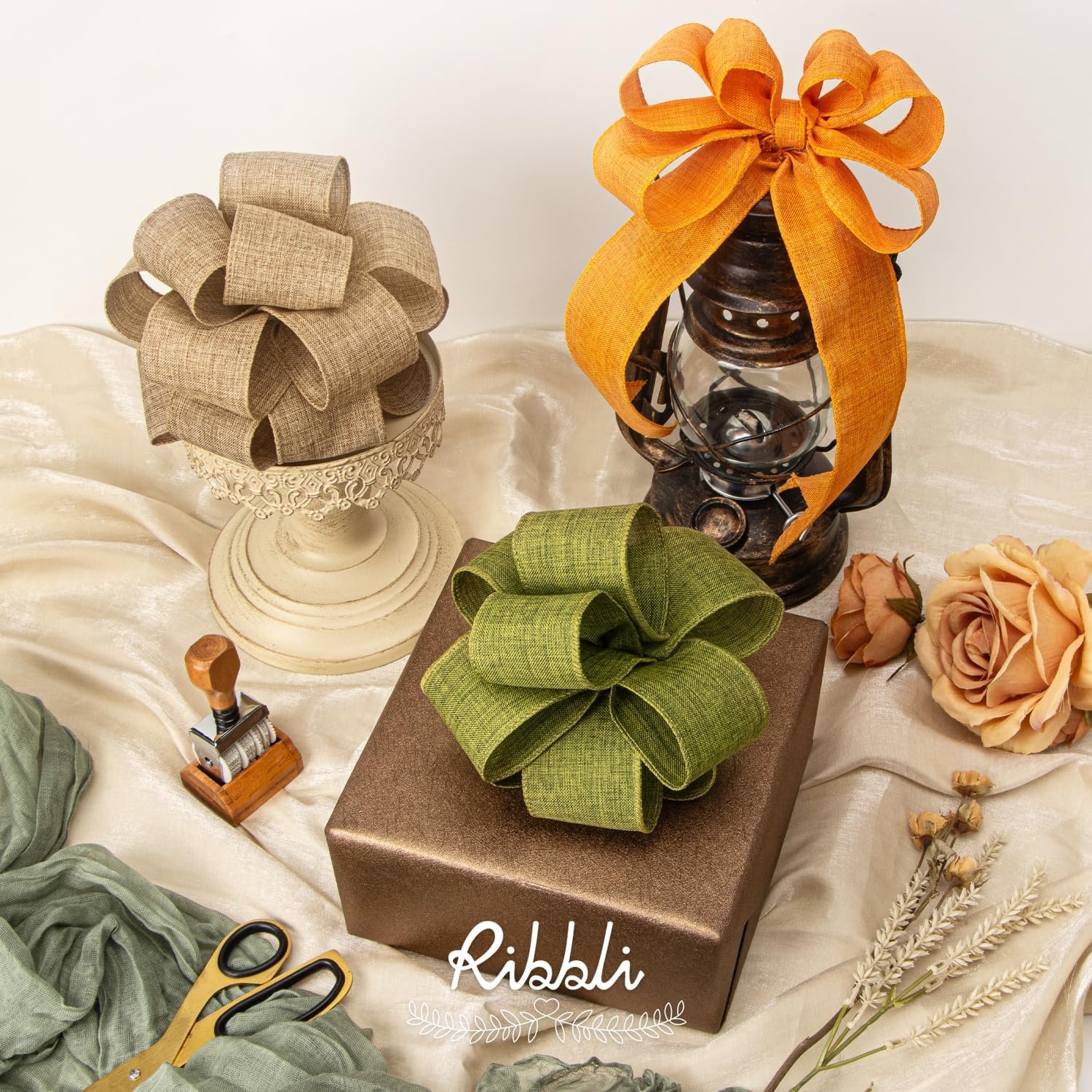 Ribbli Fall Burlap Ribbon,Natural/Orange/Sage Green/Fall Color Plaid Wired Ribbon, 2 Inch x 6 Rolls Total 30 Yard, for Big Bow,Wreath,Outdoor Decoration