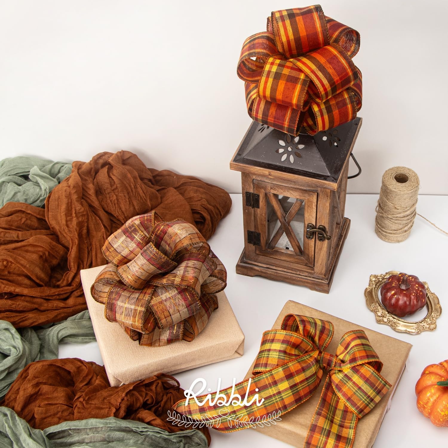 Ribbli Fall Burlap Ribbon,Natural/Orange/Sage Green/Fall Color Plaid Wired Ribbon, 2 Inch x 6 Rolls Total 30 Yard, for Big Bow,Wreath,Outdoor Decoration