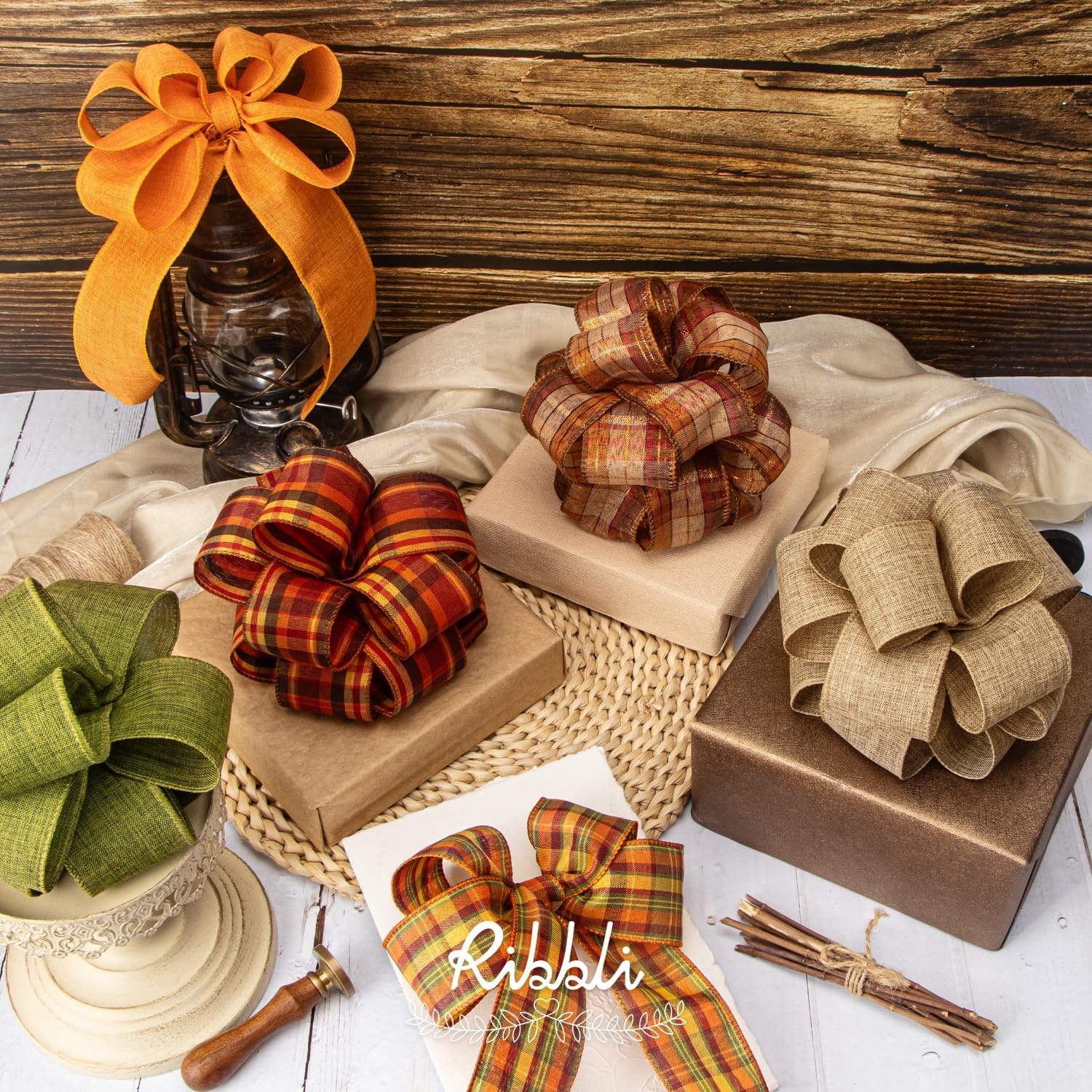 Ribbli Fall Burlap Ribbon,Natural/Orange/Sage Green/Fall Color Plaid Wired Ribbon, 2 Inch x 6 Rolls Total 30 Yard, for Big Bow,Wreath,Outdoor Decoration