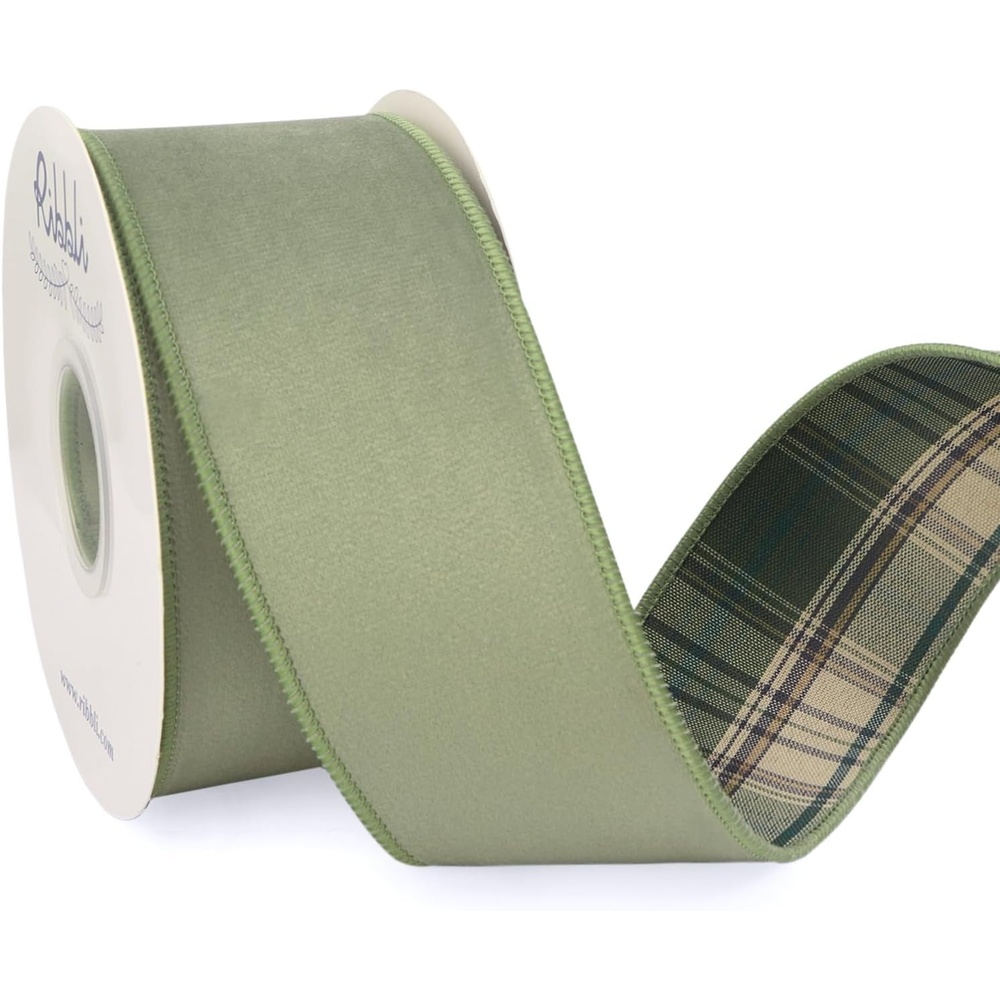 Ribbli Red Velvet Wired Ribbon with Metallic Plaid Reversible 2.5 Inch Christmas Ribbon for Gift Wrapping Christmas Tree Decoration Crafts Wreaths Supplies-Continuous 10 Yards(Sage Green)