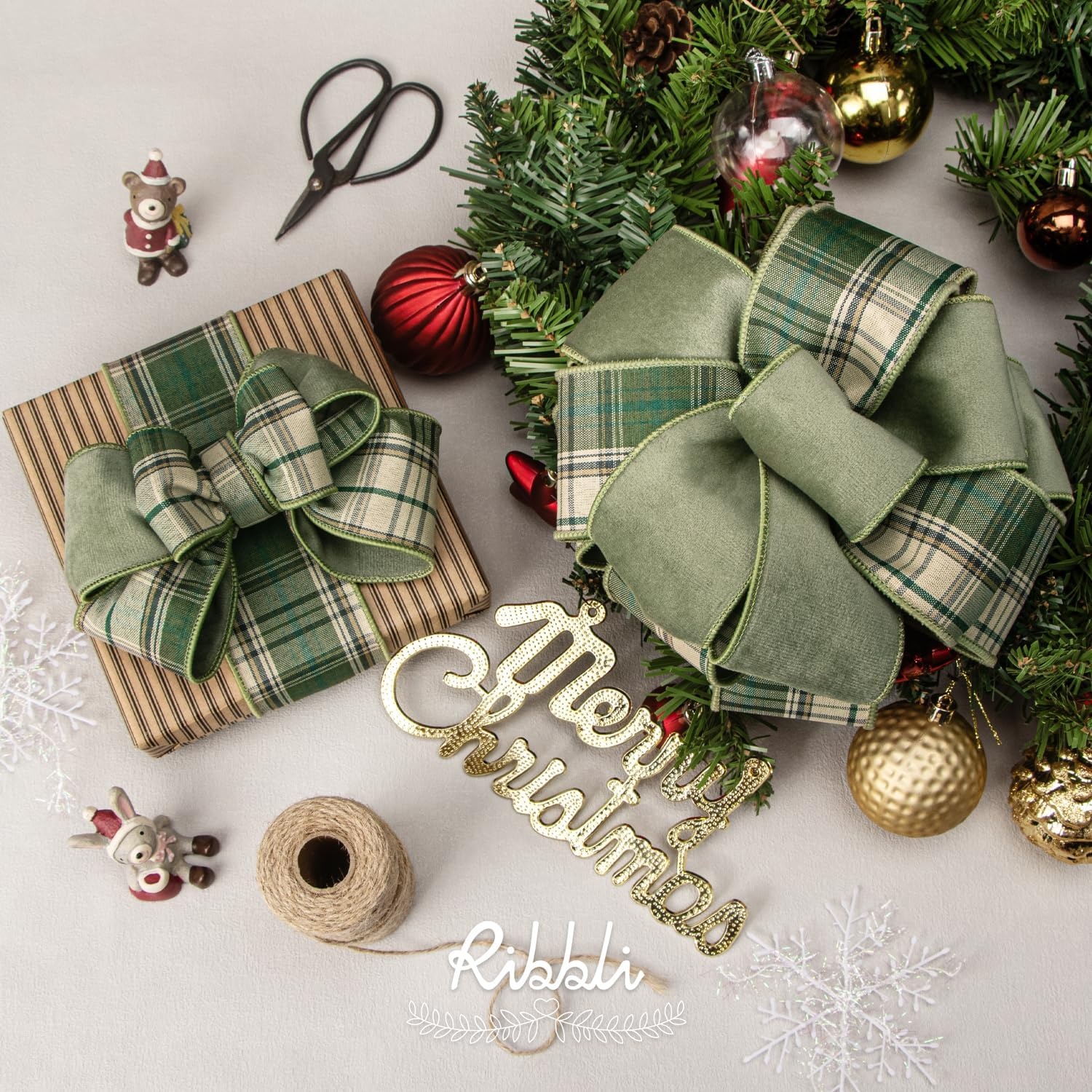 Ribbli Red Velvet Wired Ribbon with Metallic Plaid Reversible 2.5 Inch Christmas Ribbon for Gift Wrapping Christmas Tree Decoration Crafts Wreaths Supplies-Continuous 10 Yards(Sage Green)