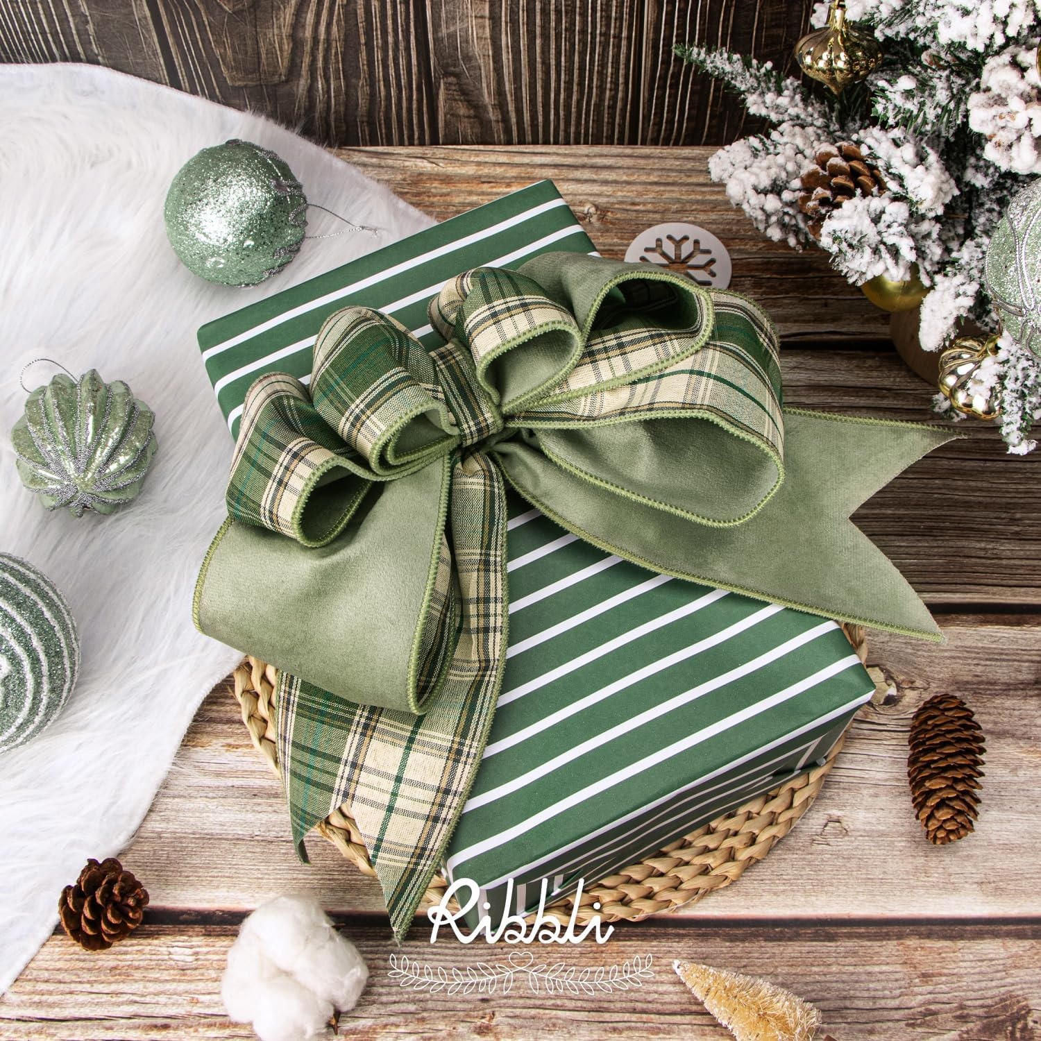 Ribbli Red Velvet Wired Ribbon with Metallic Plaid Reversible 2.5 Inch Christmas Ribbon for Gift Wrapping Christmas Tree Decoration Crafts Wreaths Supplies-Continuous 10 Yards(Sage Green)