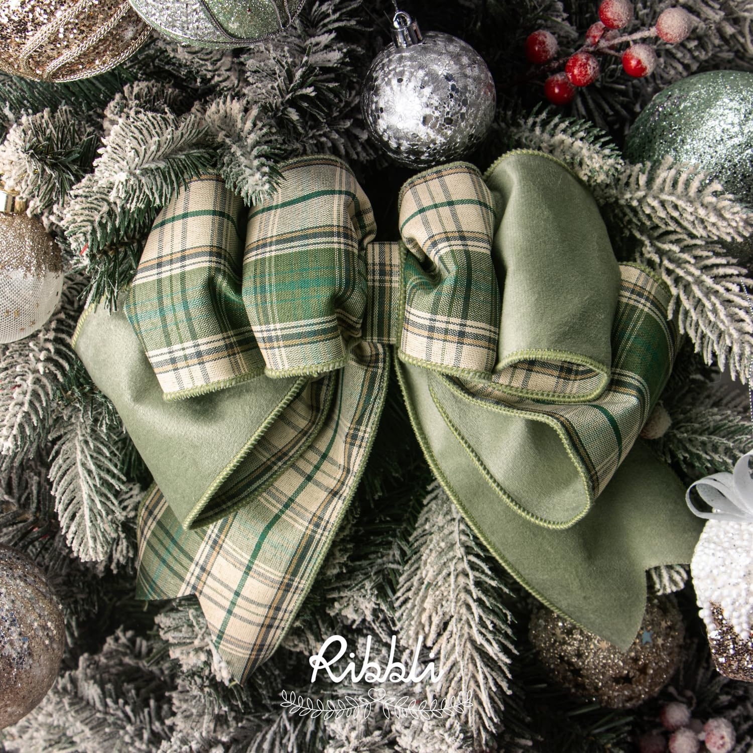 Ribbli Red Velvet Wired Ribbon with Metallic Plaid Reversible 2.5 Inch Christmas Ribbon for Gift Wrapping Christmas Tree Decoration Crafts Wreaths Supplies-Continuous 10 Yards(Sage Green)