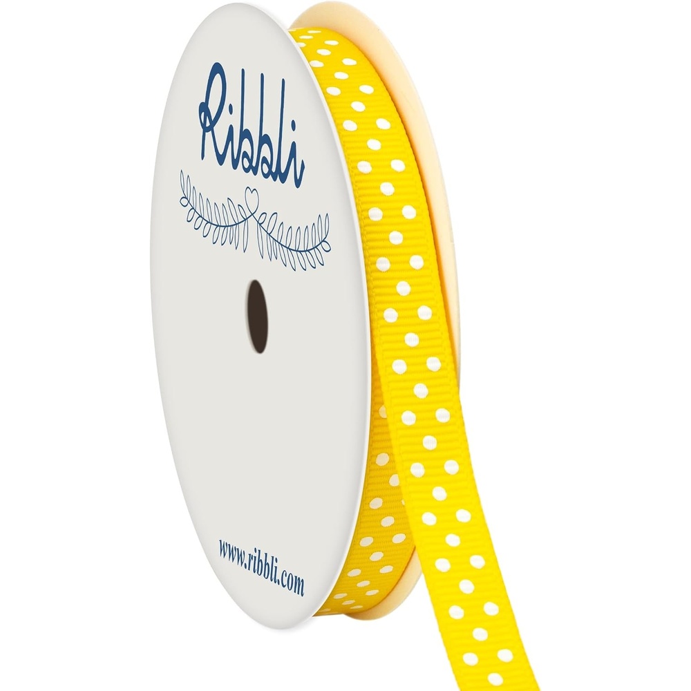Ribbli Grosgrain Polka Dot Craft Ribbon,3/8 Inch,10-Yard Spool,Black with White Dots,Use for Gift Wrapping,Party Decoration,All Crafting and Sewing(Daffodil/White)