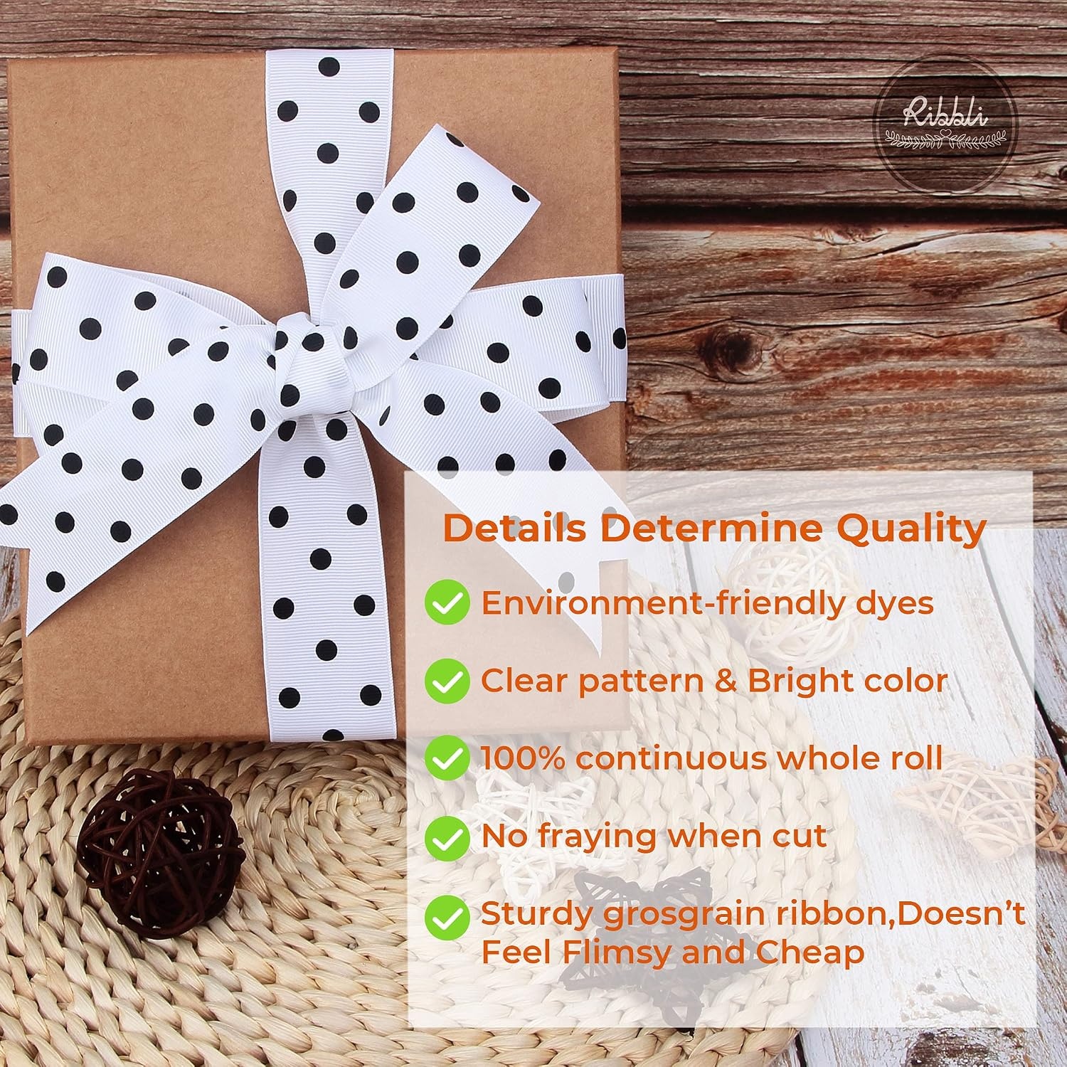 Ribbli Grosgrain Polka Dot Craft Ribbon,1-1/2 Inch,10-Yard Spool,Black with White Dots,Use for Hair Bows,Gift Wrapping,All Crafting and Sewing(White/Black)