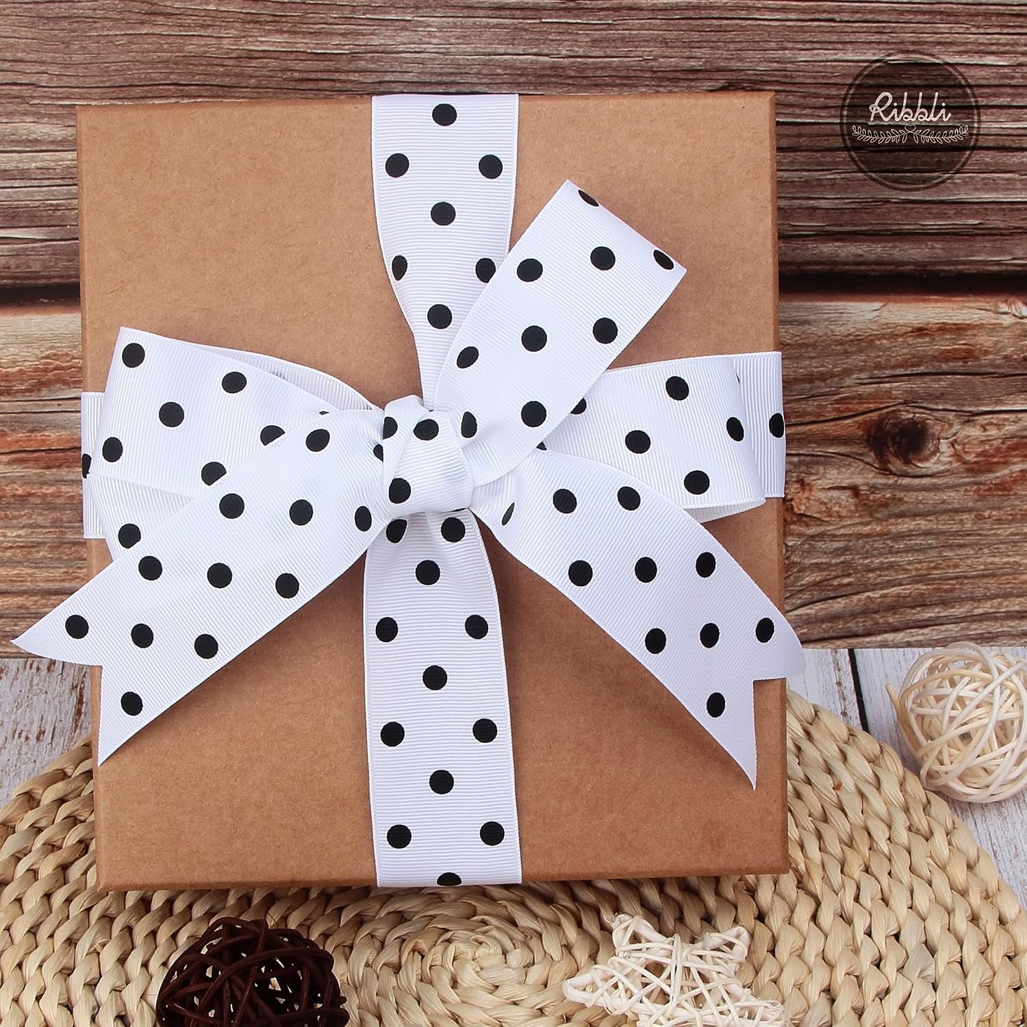 Ribbli Grosgrain Polka Dot Craft Ribbon,1-1/2 Inch,10-Yard Spool,Black with White Dots,Use for Hair Bows,Gift Wrapping,All Crafting and Sewing(White/Black)
