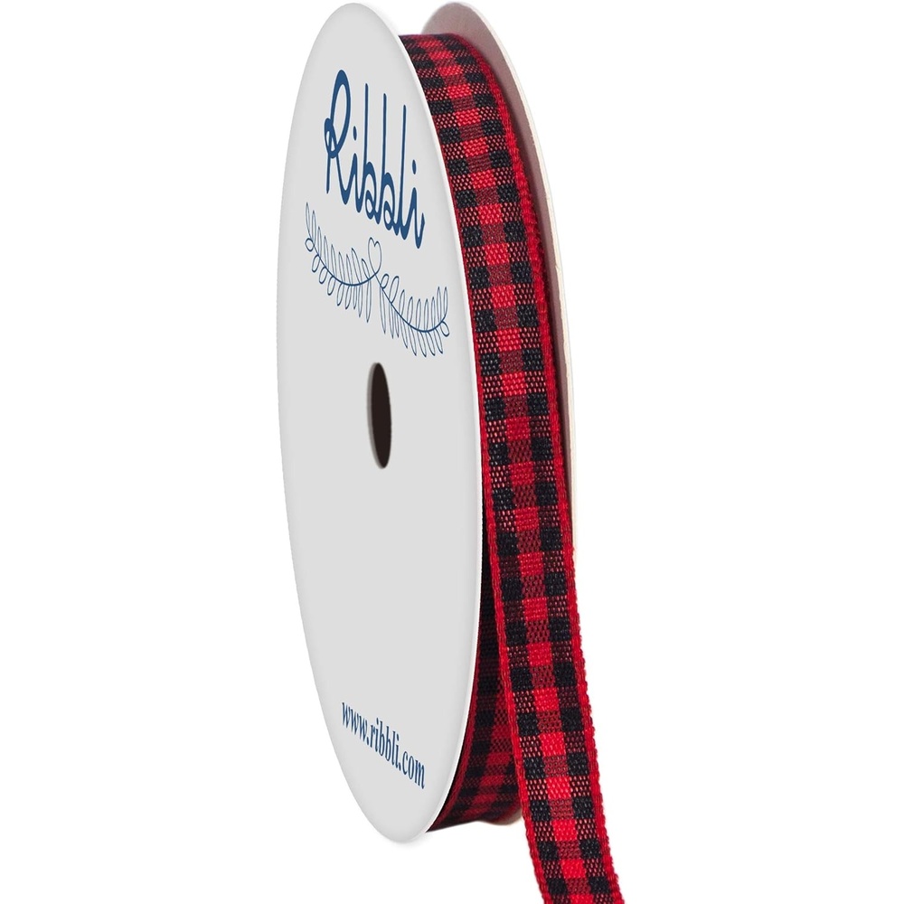 Ribbli Yellow and White Gingham Ribbon,100% Polyester Woven Edge,3/8 Inch x 10 Yard,Plaid Ribbon Use for Gift Wrapping,Party Decoration(Red/Black)