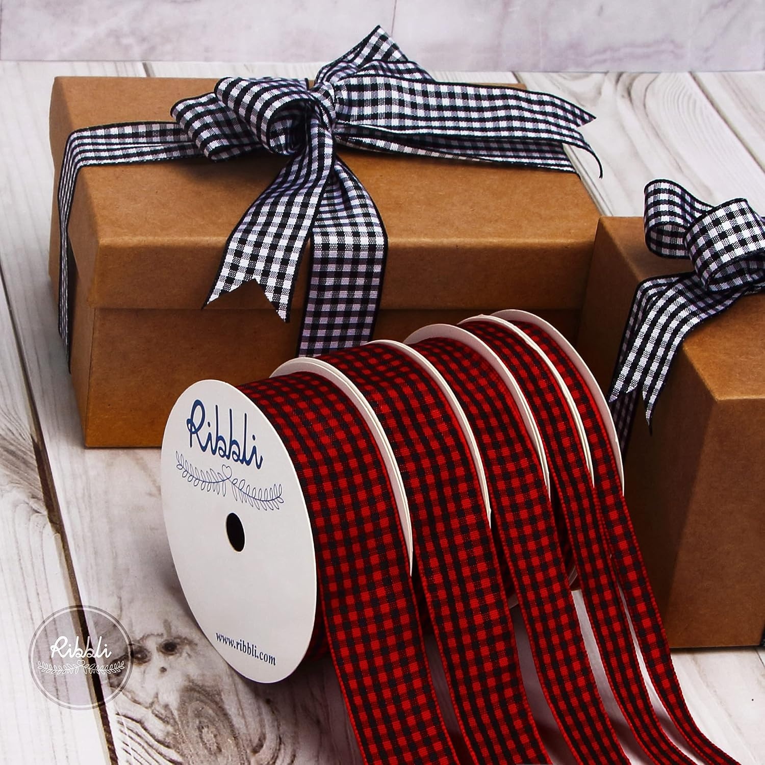Ribbli Yellow and White Gingham Ribbon,100% Polyester Woven Edge,3/8 Inch x 10 Yard,Plaid Ribbon Use for Gift Wrapping,Party Decoration(Red/Black)