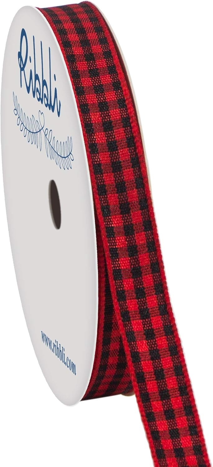 Ribbli Yellow and White Gingham Ribbon,100% Polyester Woven Edge,3/8 Inch x 10 Yard,Plaid Ribbon Use for Gift Wrapping,Party Decoration(Red/Black)