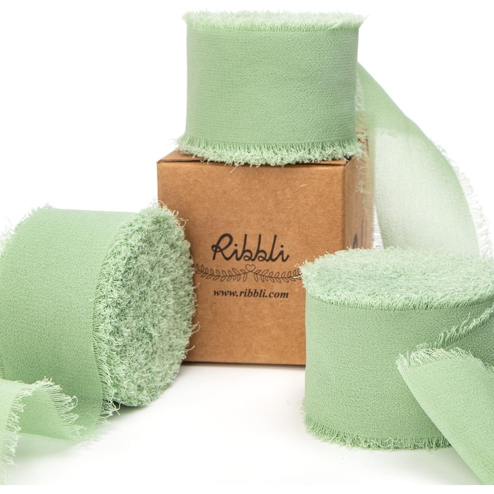 Ribbli Chiffon Silk Ribbon, 1.5 inch x 30 Yard, Champagne/Terracotta/Rust Red Fringe Chiffon Fall Ribbon for Wedding Invitations, Bridal Bouquets Wrapping, Flower Arrangement Decoration(Sage Green)