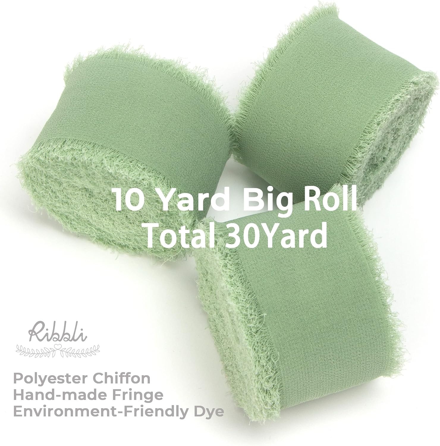 Ribbli Chiffon Silk Ribbon, 1.5 inch x 30 Yard, Champagne/Terracotta/Rust Red Fringe Chiffon Fall Ribbon for Wedding Invitations, Bridal Bouquets Wrapping, Flower Arrangement Decoration(Sage Green)