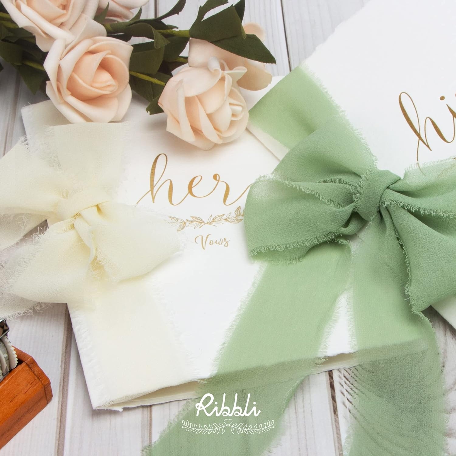 Ribbli Chiffon Silk Ribbon, 1.5 inch x 30 Yard, Champagne/Terracotta/Rust Red Fringe Chiffon Fall Ribbon for Wedding Invitations, Bridal Bouquets Wrapping, Flower Arrangement Decoration(Sage Green)