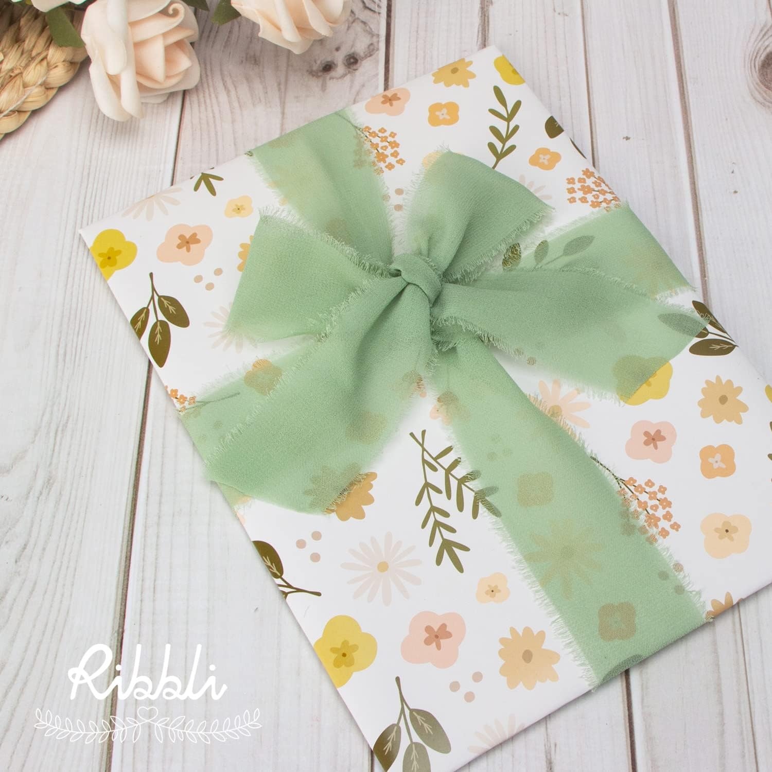 Ribbli Chiffon Silk Ribbon, 1.5 inch x 30 Yard, Champagne/Terracotta/Rust Red Fringe Chiffon Fall Ribbon for Wedding Invitations, Bridal Bouquets Wrapping, Flower Arrangement Decoration(Sage Green)