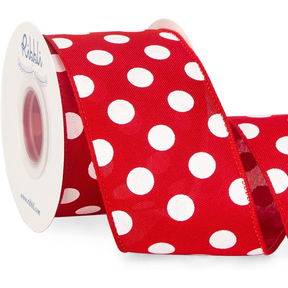 Ribbli Black and White Polka Dot Wired Burlap Ribbon,2-1/2 Inch x 10 Yard(Red/White)