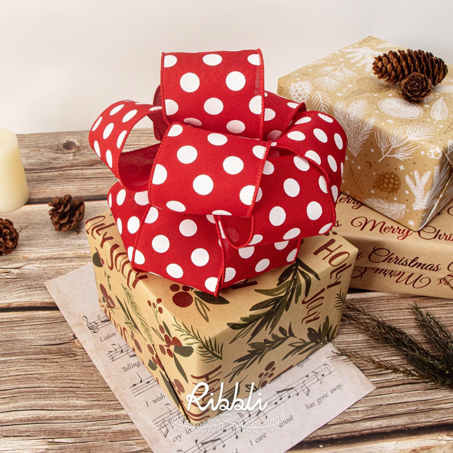 Ribbli Black and White Polka Dot Wired Burlap Ribbon,2-1/2 Inch x 10 Yard(Red/White)
