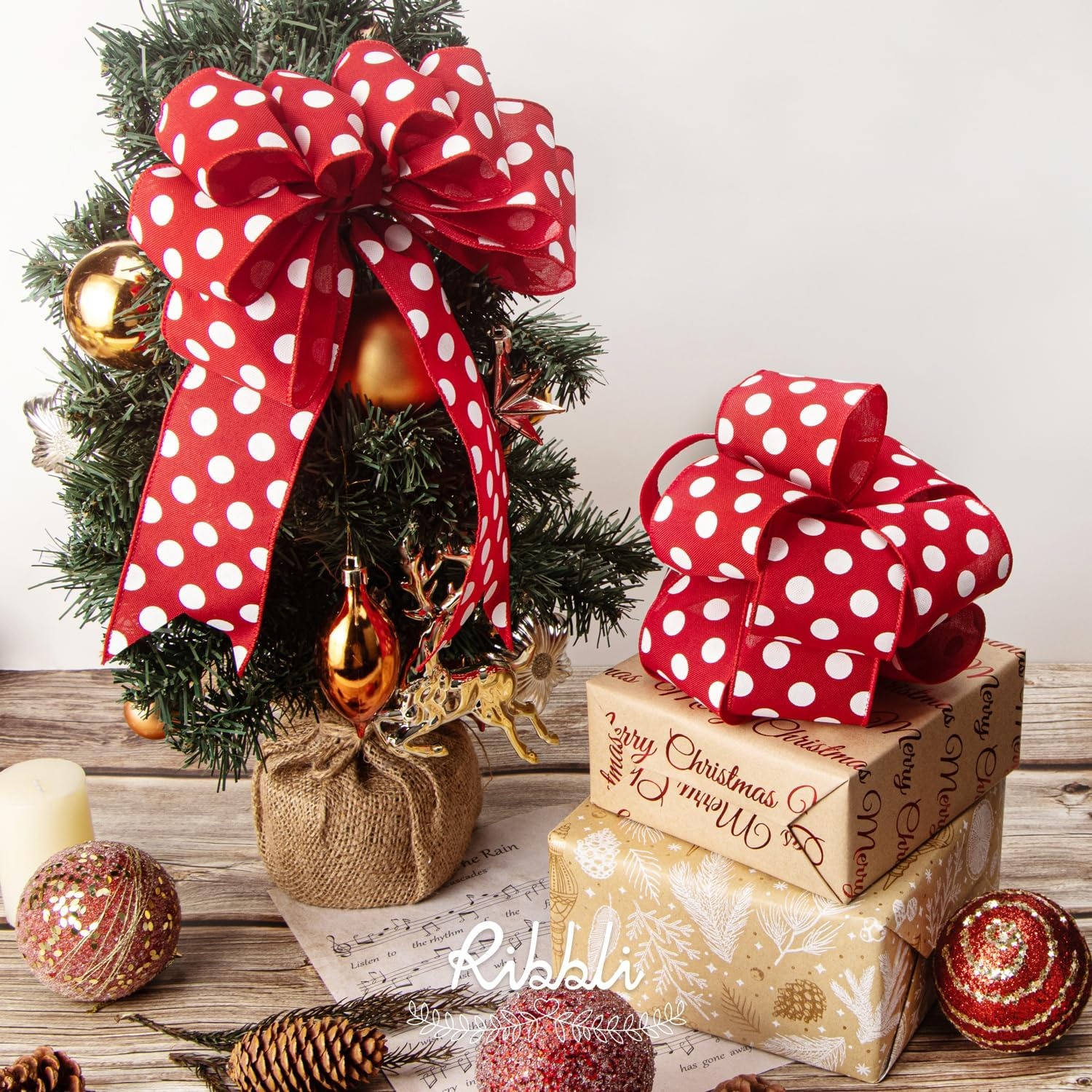 Ribbli Black and White Polka Dot Wired Burlap Ribbon,2-1/2 Inch x 10 Yard(Red/White)