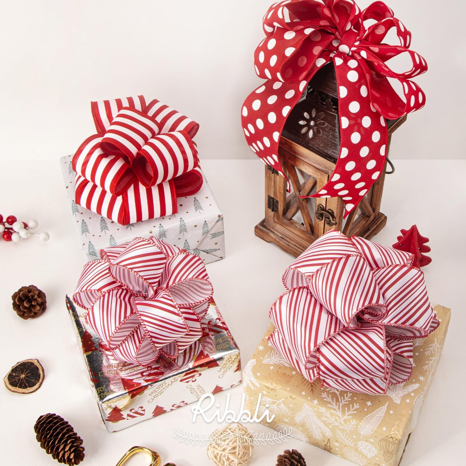 Ribbli Black and White Polka Dot Wired Burlap Ribbon,2-1/2 Inch x 10 Yard(Red/White)