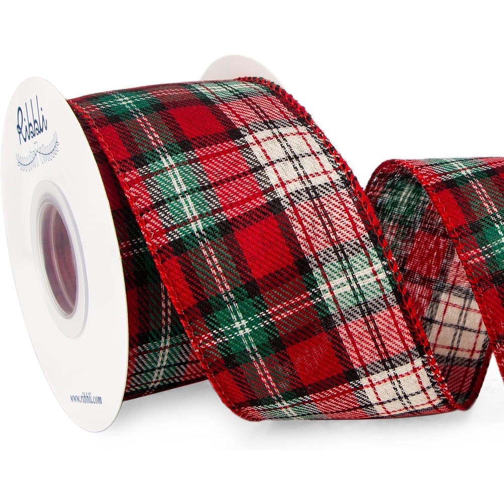 Ribbli Christmas Ribbon Wired, Red and Green Plaid Ribbon 2-1/2 inch x Continuous 10 Yard, Christmas Tree Ribbon for Topper Bow,Wreath and Swag, Gift Wrapping, Tree Decoration(Red/Green/Ivory)