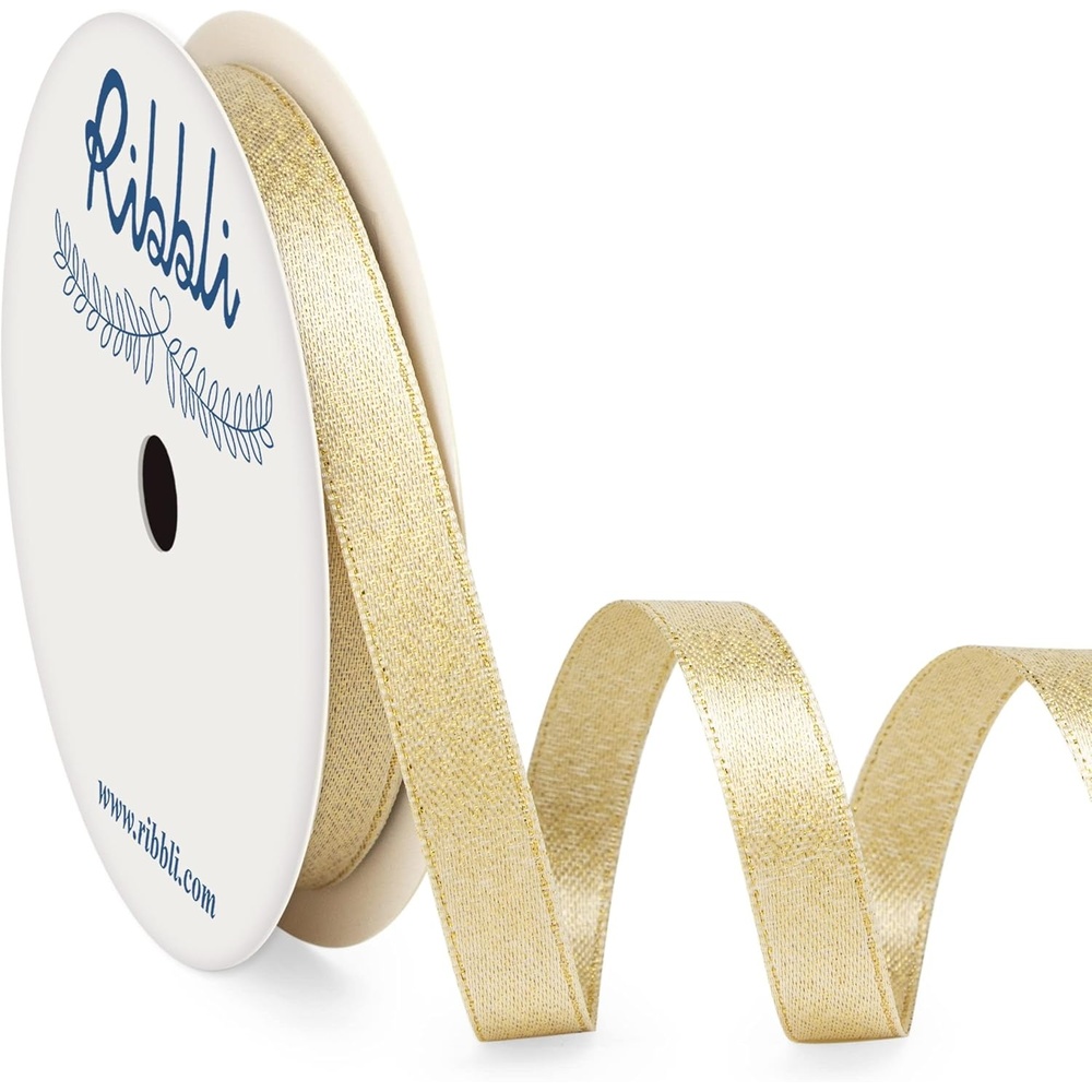Ribbli Champagne Gold Double Faced Purl Ribbon, Luxury Glitter, 5/8 Inch x 10 Yard, Wedding Ribbon for Crafts, Gift Wrapping, Bottle Decoration(Champagne Gold)