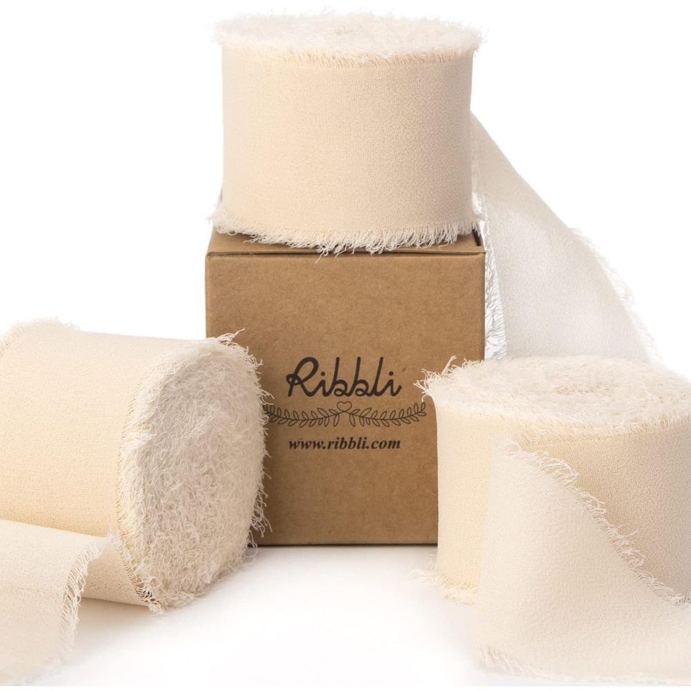Ribbli Chiffon Silk Ribbon, 1.5 inch x 30 Yard, Champagne/Terracotta/Rust Red Fringe Chiffon Fall Ribbon for Wedding Invitations, Bridal Bouquets Wrapping, Flower Arrangement Decoration(Champagne)