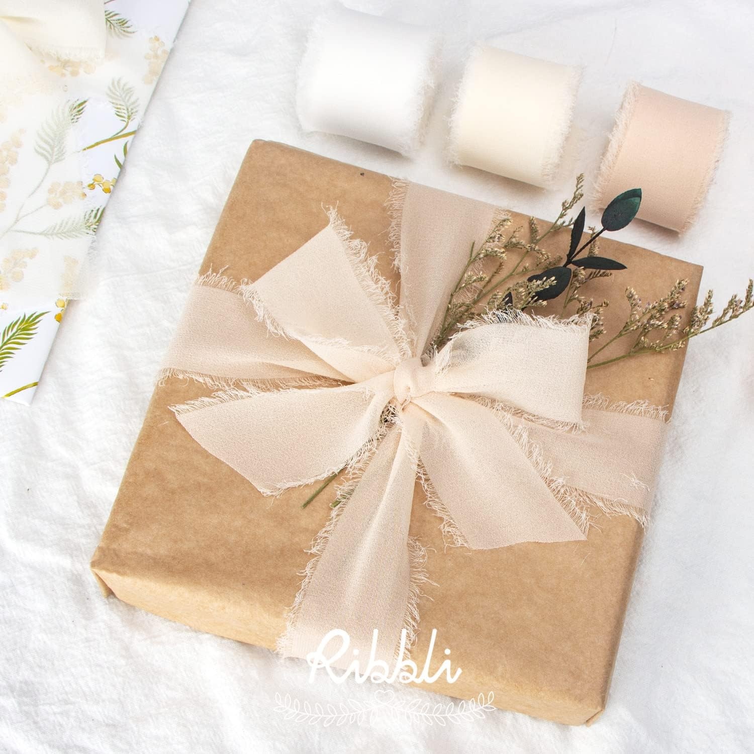 Ribbli Chiffon Silk Ribbon, 1.5 inch x 30 Yard, Champagne/Terracotta/Rust Red Fringe Chiffon Fall Ribbon for Wedding Invitations, Bridal Bouquets Wrapping, Flower Arrangement Decoration(Champagne)