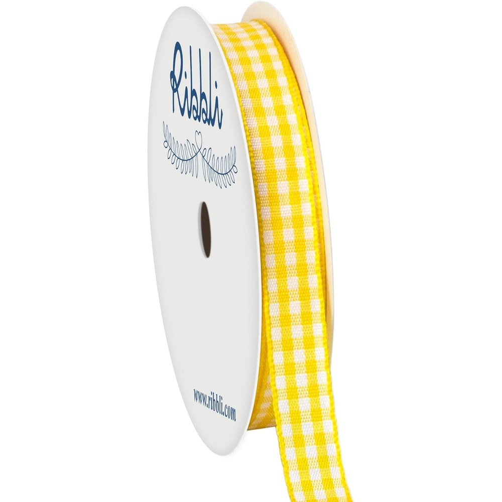 Ribbli Yellow and White Gingham Ribbon,100% Polyester Woven Edge,3/8 Inch x 10 Yard,Plaid Ribbon Use for Gift Wrapping,Party Decoration(Yellow/White)