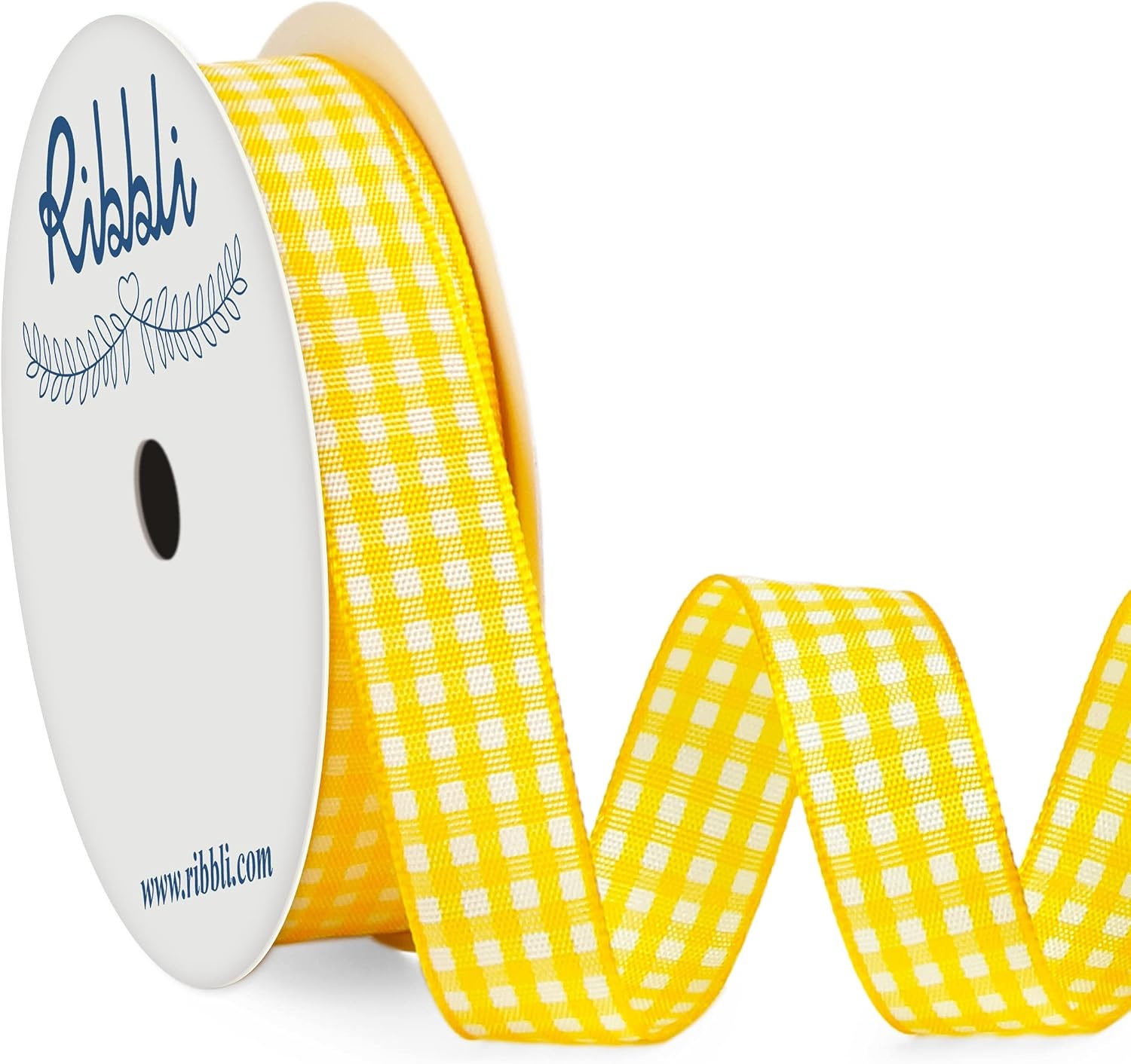Ribbli Yellow and White Gingham Ribbon,100% Polyester Woven Edge,3/8 Inch x 10 Yard,Plaid Ribbon Use for Gift Wrapping,Party Decoration(Yellow/White)