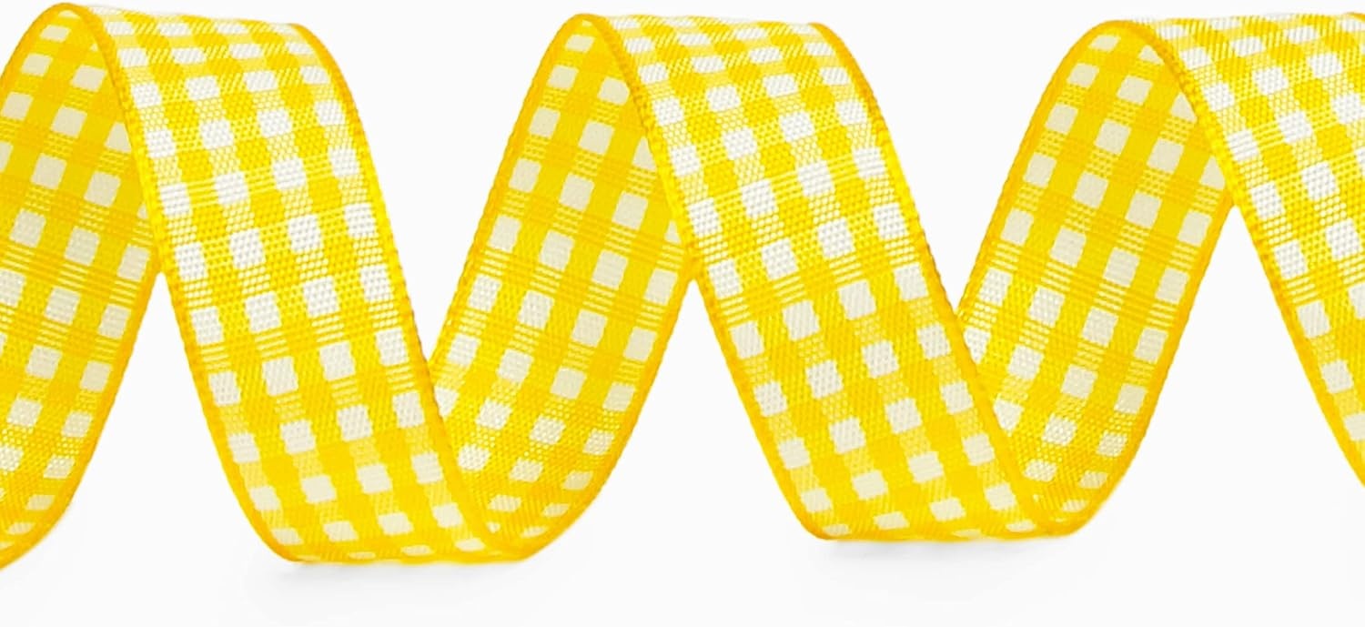 Ribbli Yellow and White Gingham Ribbon,100% Polyester Woven Edge,3/8 Inch x 10 Yard,Plaid Ribbon Use for Gift Wrapping,Party Decoration(Yellow/White)