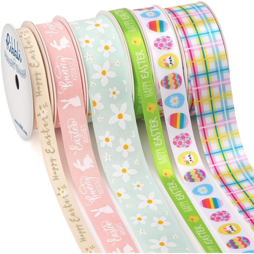 Ribbli 6 Rolls Easter Wrapping Ribbon Bunny Easter Eggs Flowers Plaid Ribbon Use for Gift Wrapping,Wreath,Easter Basket Decoration-3/8 5/8 1 Inch,Total 120 Feets (30 Yards)