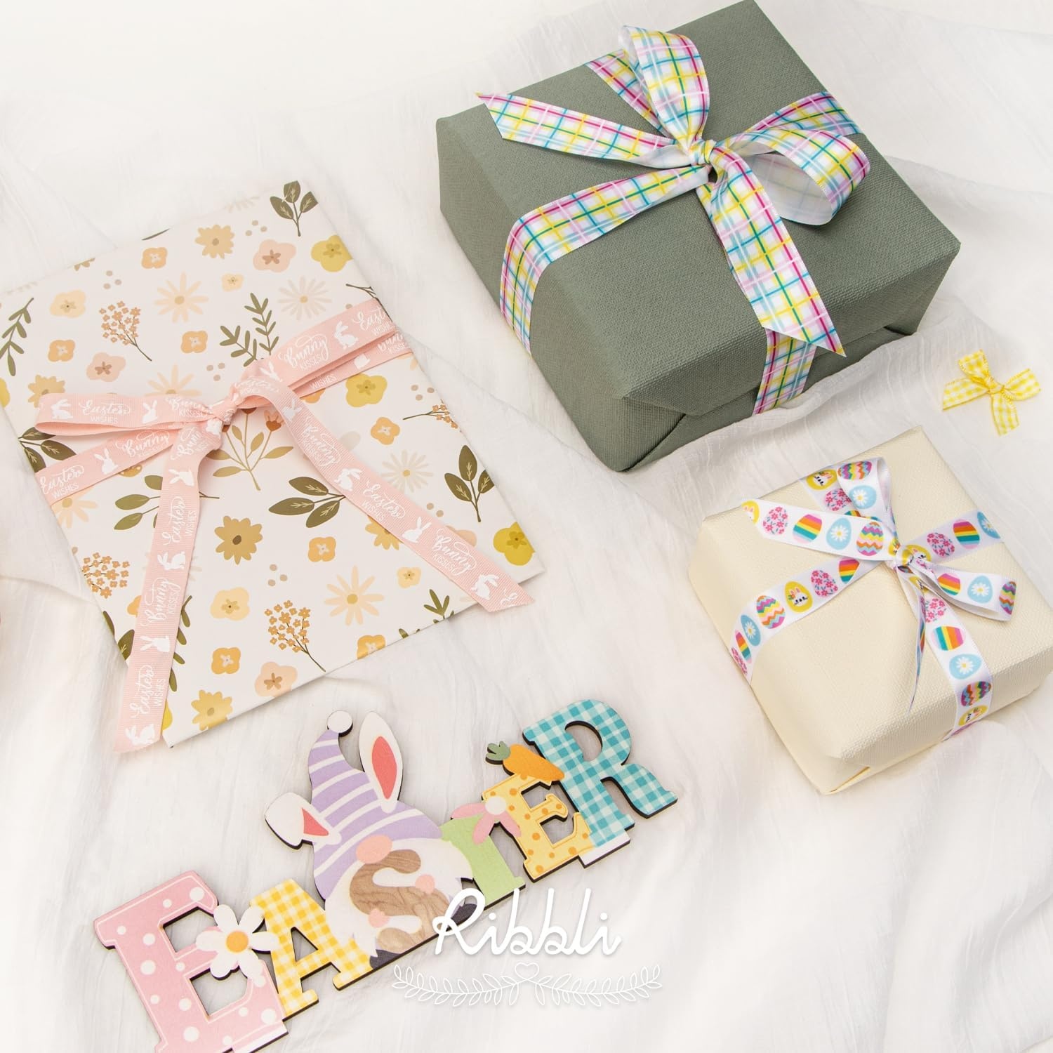 Ribbli 6 Rolls Easter Wrapping Ribbon Bunny Easter Eggs Flowers Plaid Ribbon Use for Gift Wrapping,Wreath,Easter Basket Decoration-3/8 5/8 1 Inch,Total 120 Feets (30 Yards)