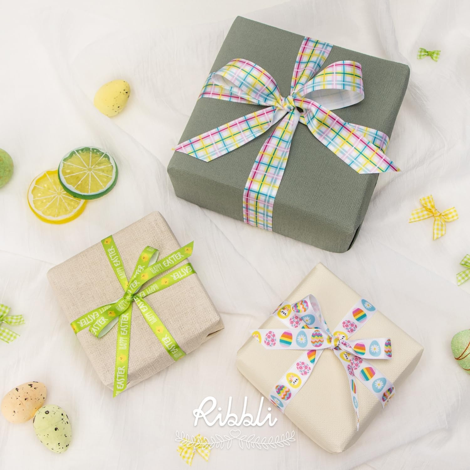 Ribbli 6 Rolls Easter Wrapping Ribbon Bunny Easter Eggs Flowers Plaid Ribbon Use for Gift Wrapping,Wreath,Easter Basket Decoration-3/8 5/8 1 Inch,Total 120 Feets (30 Yards)