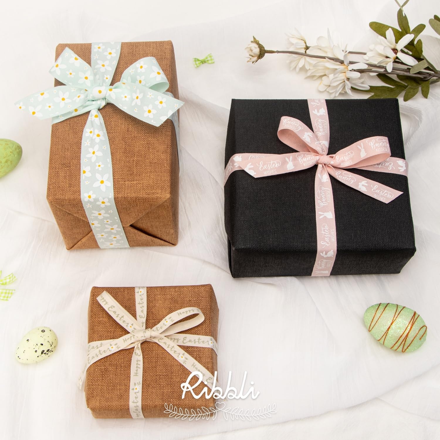 Ribbli 6 Rolls Easter Wrapping Ribbon Bunny Easter Eggs Flowers Plaid Ribbon Use for Gift Wrapping,Wreath,Easter Basket Decoration-3/8 5/8 1 Inch,Total 120 Feets (30 Yards)