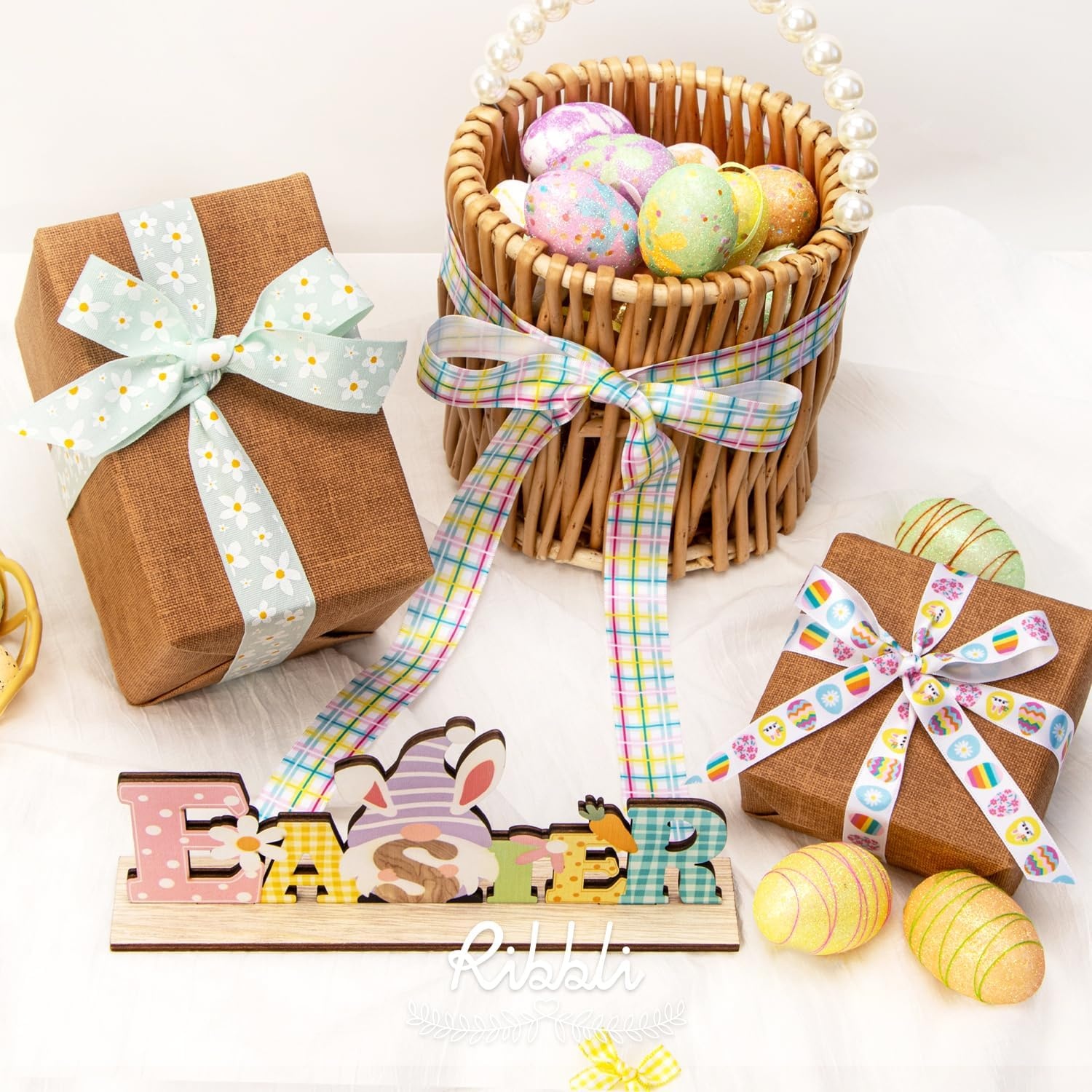 Ribbli 6 Rolls Easter Wrapping Ribbon Bunny Easter Eggs Flowers Plaid Ribbon Use for Gift Wrapping,Wreath,Easter Basket Decoration-3/8 5/8 1 Inch,Total 120 Feets (30 Yards)