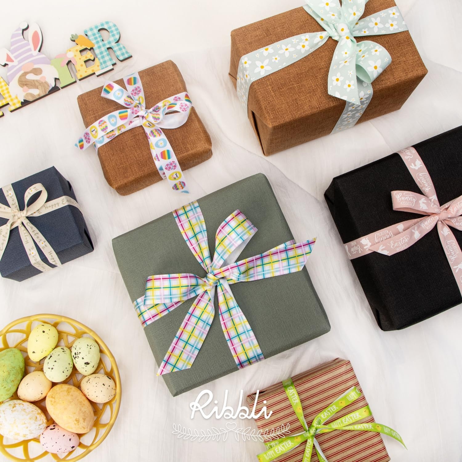 Ribbli 6 Rolls Easter Wrapping Ribbon Bunny Easter Eggs Flowers Plaid Ribbon Use for Gift Wrapping,Wreath,Easter Basket Decoration-3/8 5/8 1 Inch,Total 120 Feets (30 Yards)
