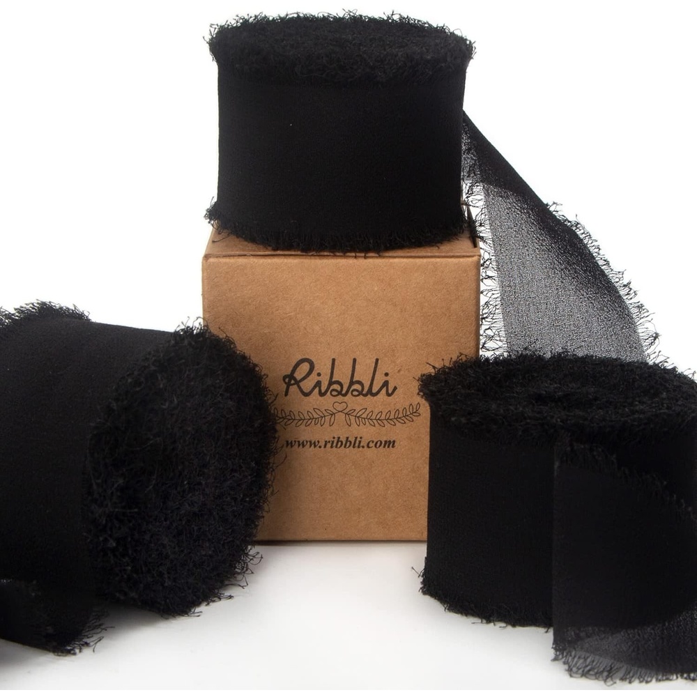 Ribbli Chiffon Silk Ribbon, 1.5 inch x 30 Yard, Champagne/Terracotta/Rust Red Fringe Chiffon Fall Ribbon for Wedding Invitations, Bridal Bouquets Wrapping, Flower Arrangement Decoration(Black)
