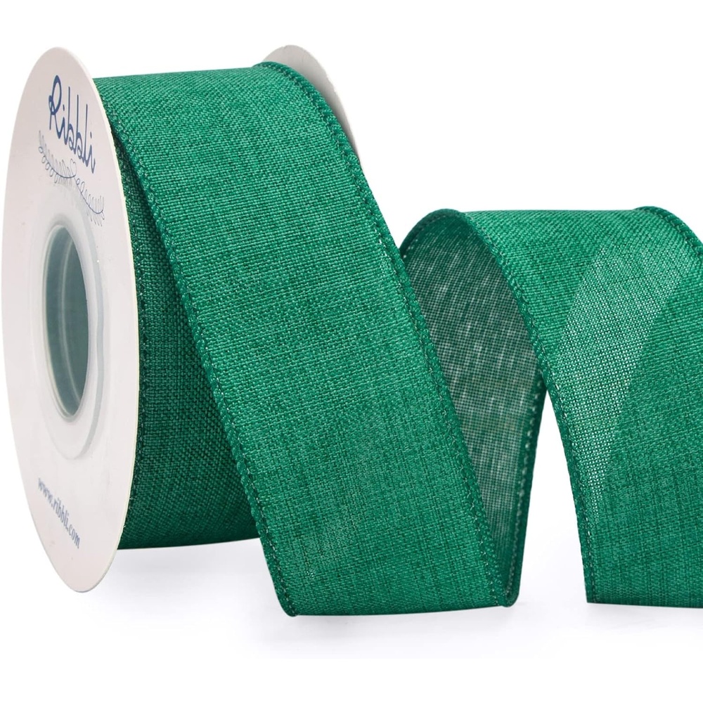 Ribbli Pink Linen Wired Ribbon, 1-1/2 Inch x 10 Yard, Pink Burlap Wired Ribbon for Easter Wreaths, Big Bows, Gift Wrapping, Christmas Tree Decoration(Emerald Green)