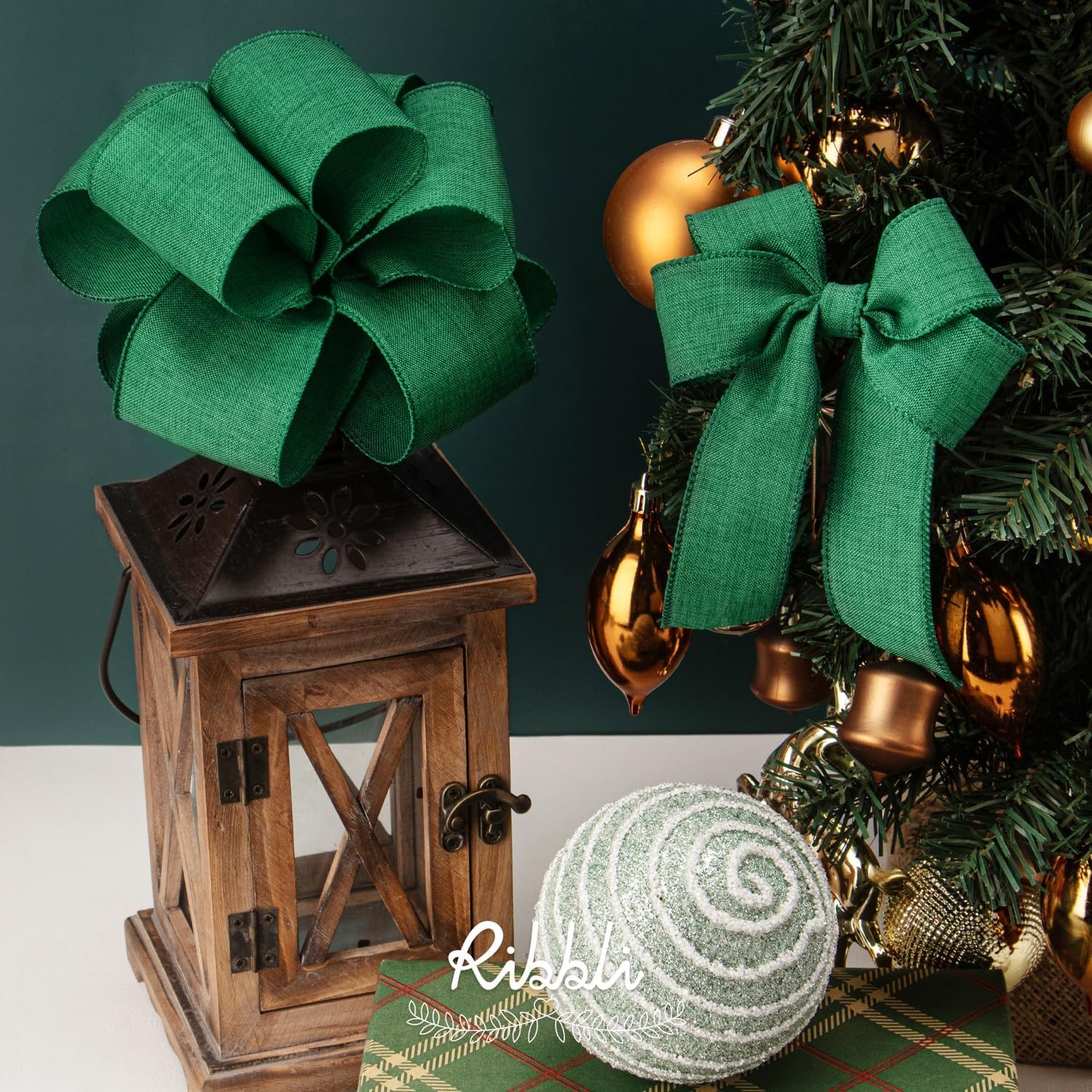 Ribbli Pink Linen Wired Ribbon, 1-1/2 Inch x 10 Yard, Pink Burlap Wired Ribbon for Easter Wreaths, Big Bows, Gift Wrapping, Christmas Tree Decoration(Emerald Green)