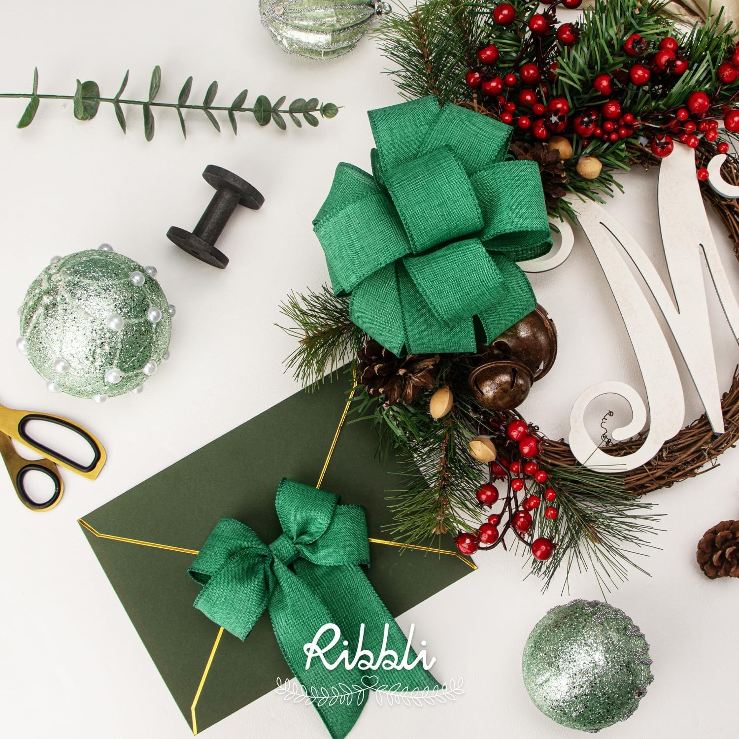 Ribbli Pink Linen Wired Ribbon, 1-1/2 Inch x 10 Yard, Pink Burlap Wired Ribbon for Easter Wreaths, Big Bows, Gift Wrapping, Christmas Tree Decoration(Emerald Green)