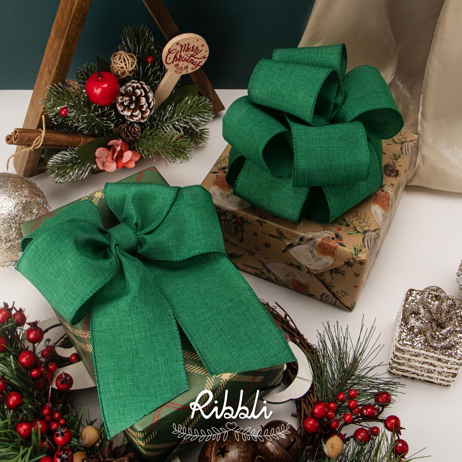 Ribbli Pink Linen Wired Ribbon, 1-1/2 Inch x 10 Yard, Pink Burlap Wired Ribbon for Easter Wreaths, Big Bows, Gift Wrapping, Christmas Tree Decoration(Emerald Green)