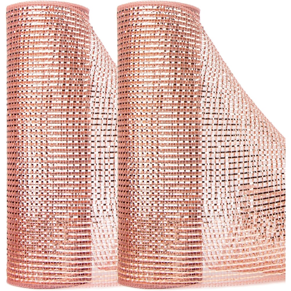 Ribbli 2 Rolls Champagne Gold Metallic Mesh Ribbon Champagne Gold Deluxe Foil Christmas Ribbon for Christmas Tree Wreath Swags Wedding Garland 10 inch x 30 feet(10Yard) Per Roll(Rose Gold)