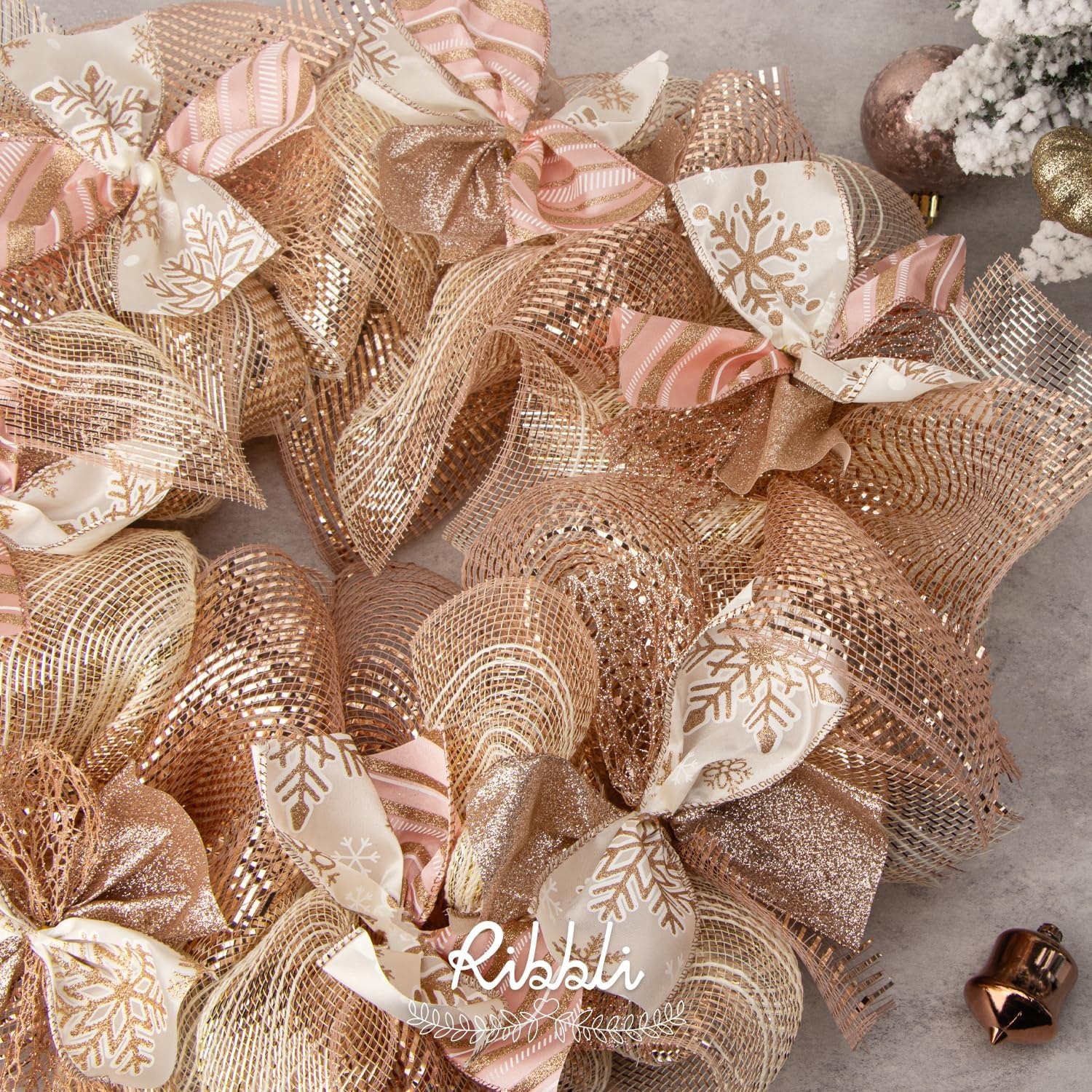 Ribbli 2 Rolls Champagne Gold Metallic Mesh Ribbon Champagne Gold Deluxe Foil Christmas Ribbon for Christmas Tree Wreath Swags Wedding Garland 10 inch x 30 feet(10Yard) Per Roll(Rose Gold)