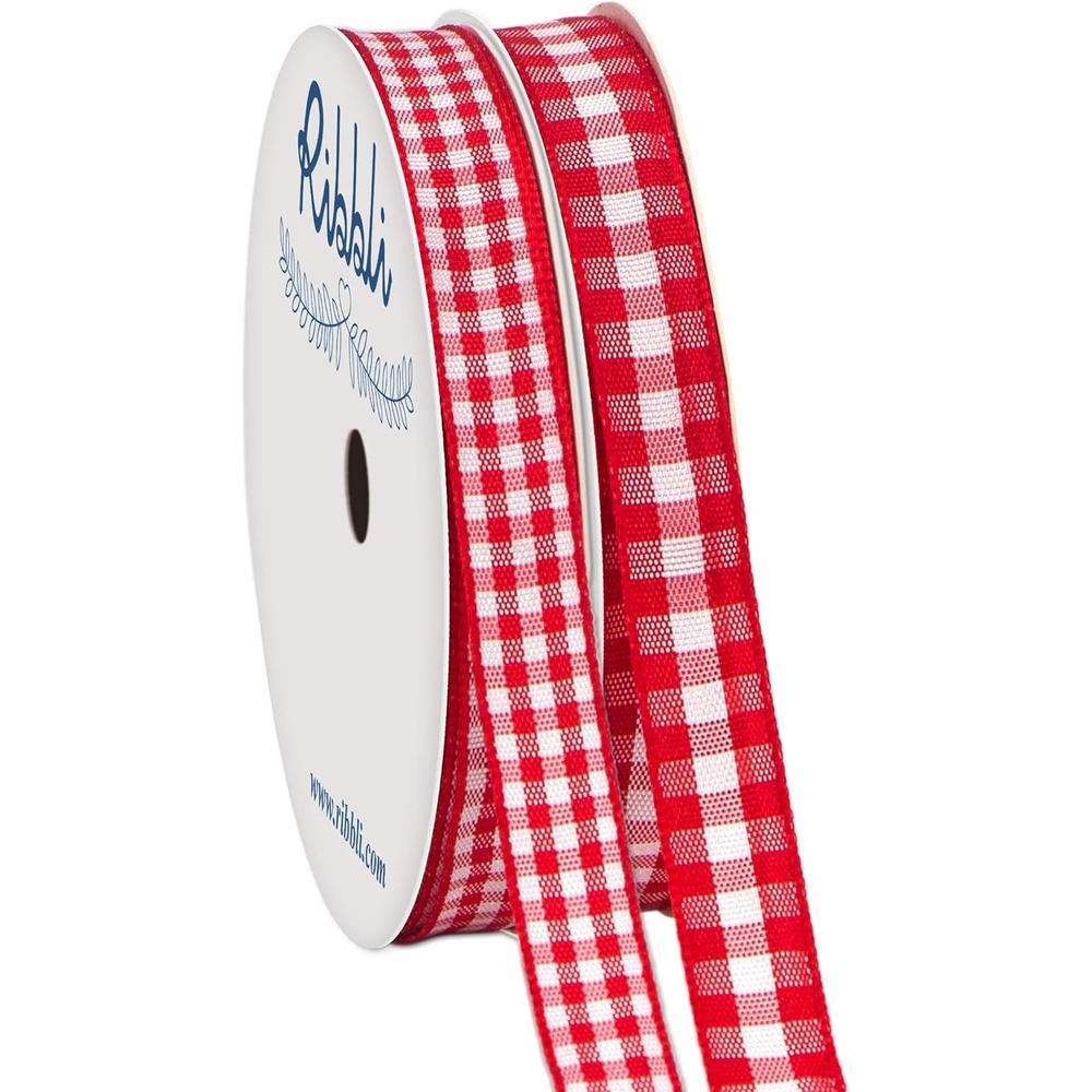 Ribbli 2 Rolls Black and White Gingham Ribbon,Total 20 Yards,3/8 Inch x 10 Yard Each Roll,Polyester Woven Edge,2 Styles Buffalo Checked Ribbon(Red/White)