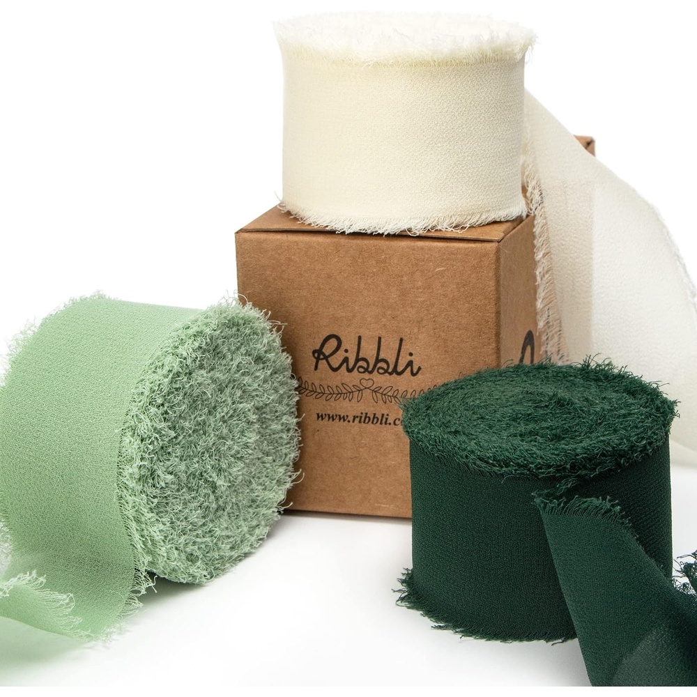 Ribbli Chiffon Silk Ribbon, 1.5 inch x 30 Yard, Champagne/Terracotta/Rust Red Fringe Chiffon Fall Ribbon for Wedding Invitations, Bridal Bouquets Wrapping, Flower Arrangement Decoration(Ivory/Sage Green/Forest Green)