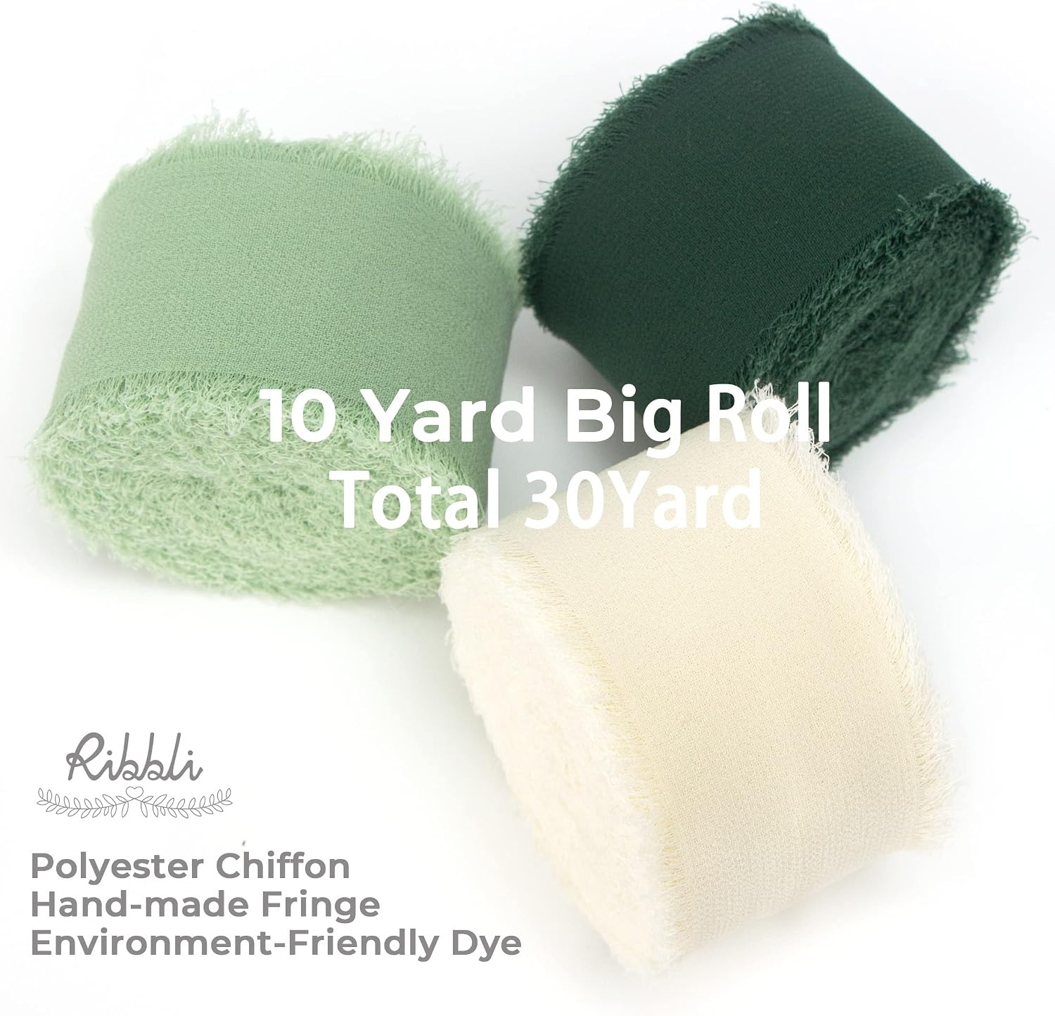Ribbli Chiffon Silk Ribbon, 1.5 inch x 30 Yard, Champagne/Terracotta/Rust Red Fringe Chiffon Fall Ribbon for Wedding Invitations, Bridal Bouquets Wrapping, Flower Arrangement Decoration(Ivory/Sage Green/Forest Green)