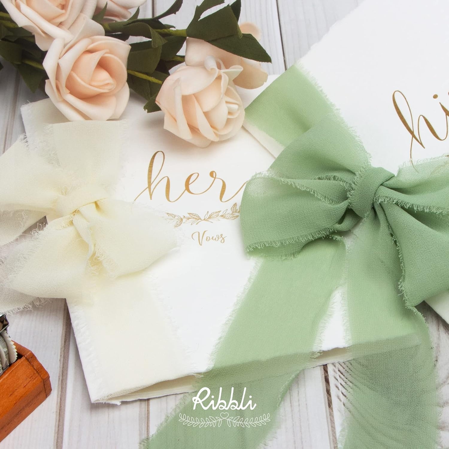 Ribbli Chiffon Silk Ribbon, 1.5 inch x 30 Yard, Champagne/Terracotta/Rust Red Fringe Chiffon Fall Ribbon for Wedding Invitations, Bridal Bouquets Wrapping, Flower Arrangement Decoration(Ivory/Sage Green/Forest Green)