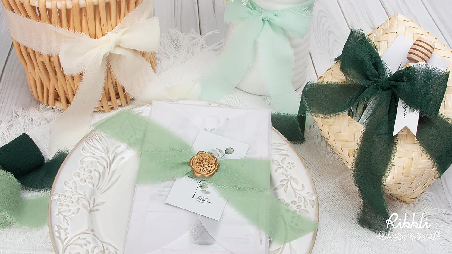 Ribbli Chiffon Silk Ribbon, 1.5 inch x 30 Yard, Champagne/Terracotta/Rust Red Fringe Chiffon Fall Ribbon for Wedding Invitations, Bridal Bouquets Wrapping, Flower Arrangement Decoration(Ivory/Sage Green/Forest Green)