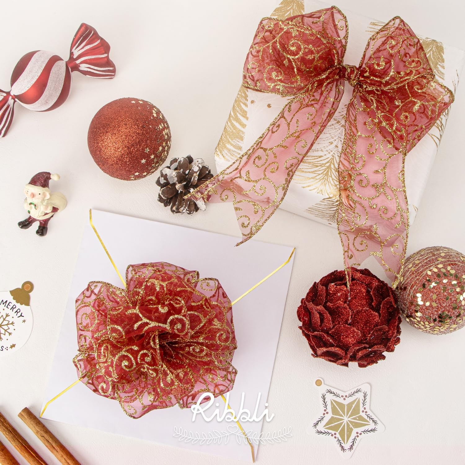 Ribbli Swirl Glitter Wired Ribbon, Burgundy Organza Sheer with Gold Glitter Swirl Pattern and Gold Metallic Edge,2-1/2 Inch x 10Yards Christmas Ribbon for Tree Decoration(Dark Red/Gold)