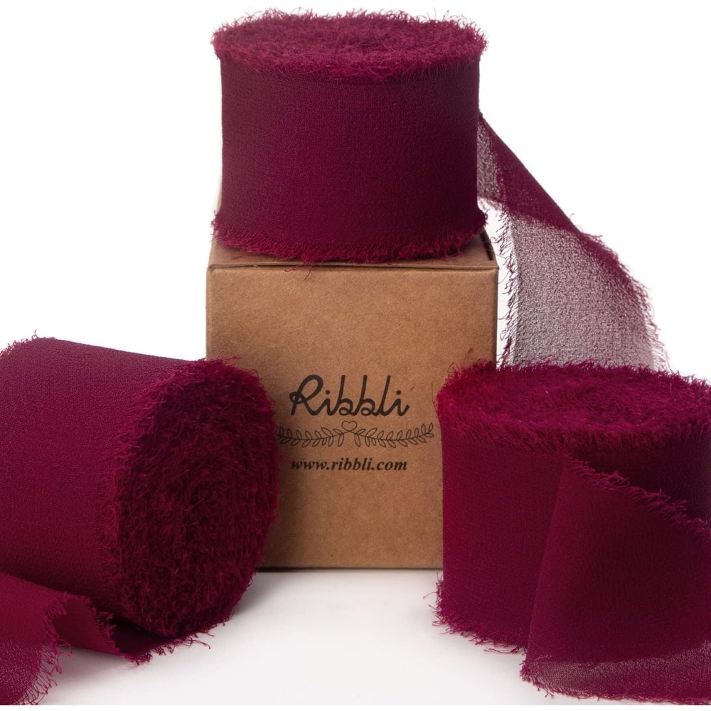 Ribbli Chiffon Silk Ribbon, 1.5 inch x 30 Yard, Champagne/Terracotta/Rust Red Fringe Chiffon Fall Ribbon for Wedding Invitations, Bridal Bouquets Wrapping, Flower Arrangement Decoration(Burgundy)